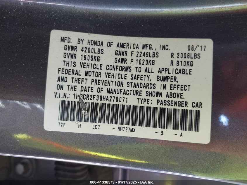 2017 HONDA ACCORD VIN: 1HGCR2F39HA276071