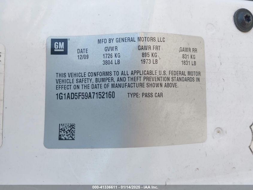 2010 Chevrolet Cobalt Lt VIN: 1G1AD5F59A7152160 Lot: 41336611