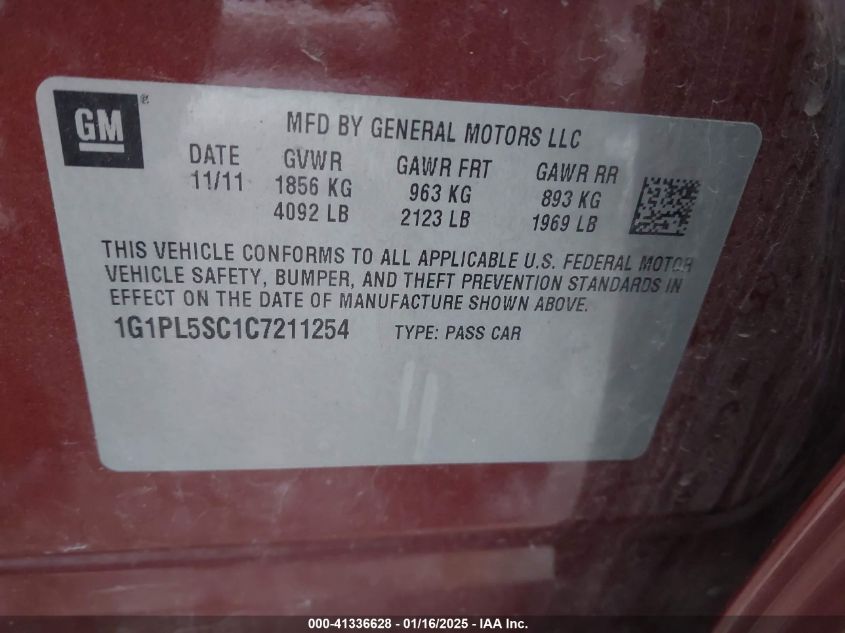 2012 Chevrolet Cruze 1Lt VIN: 1G1PL5SC1C7211254 Lot: 41336628