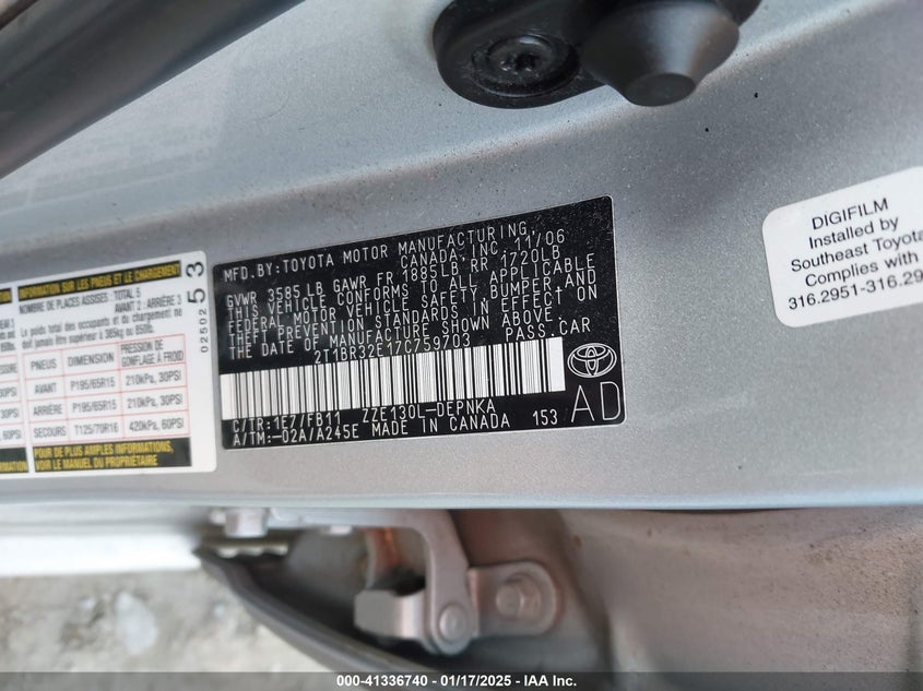 2007 TOYOTA COROLLA VIN: 2T1BR32E17C759703