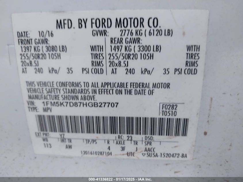 VIN 1FM5K7D87HGB27707 2017 FORD EXPLORER no.9