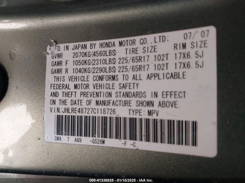 2007 Honda Cr-V Ex-L VIN: JHLRE48727C118726 Lot: 41336825