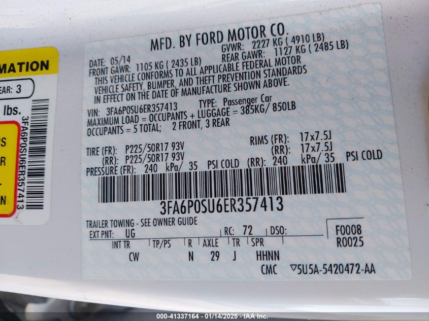 VIN 3FA6P0SU6ER357413 2014 FORD FUSION ENERGI no.9