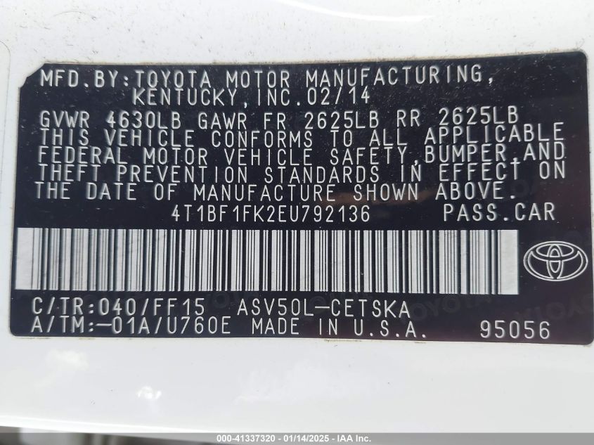 VIN 4T1BF1FK2EU792136 2014 Toyota Camry, SE no.9