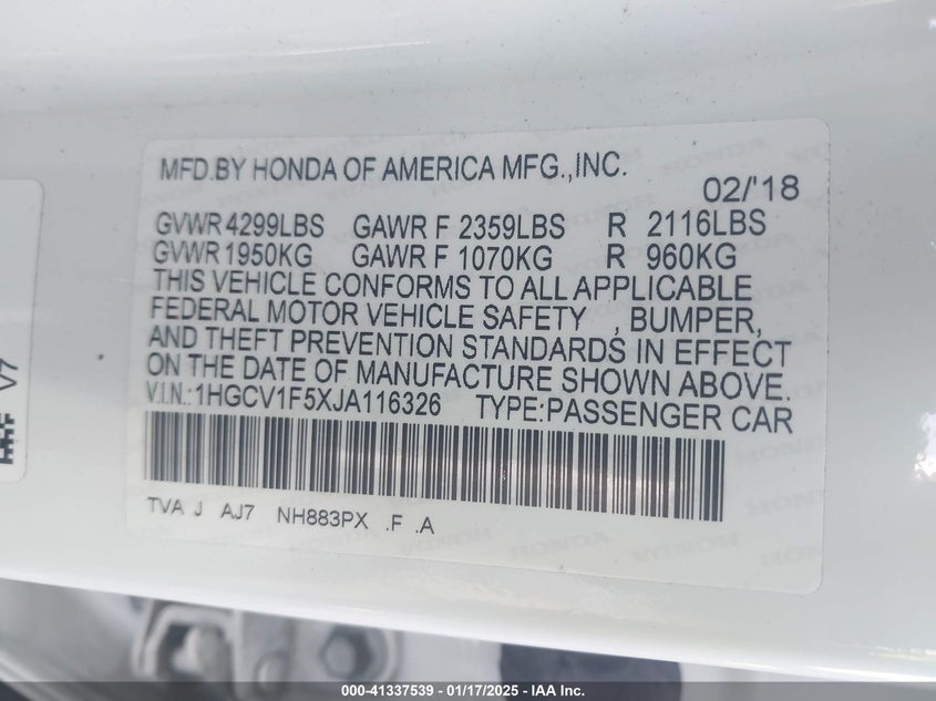 2018 HONDA ACCORD VIN: 1HGCV1F5XJA116326
