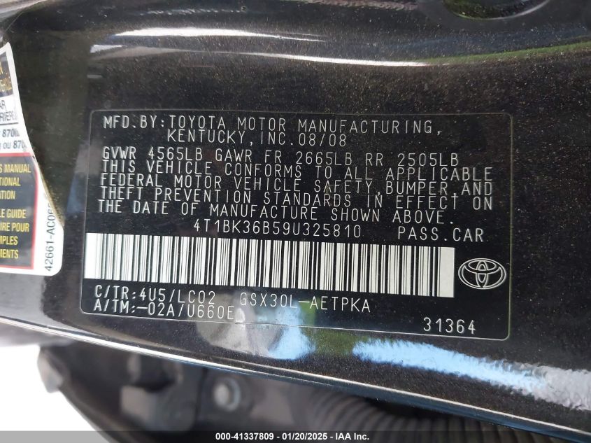 2009 Toyota Avalon Xl VIN: 04T1BK36B59U32810 Lot: 41337809