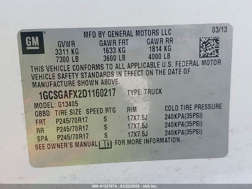 2013 Chevrolet Express 1500 Work Van VIN: 1GCSGAFX2D1160217 Lot: 41337874