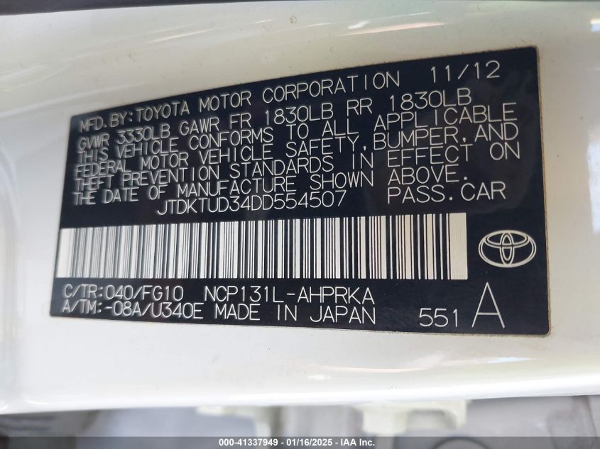 VIN JTDKTUD34DD554507 2013 Toyota Yaris, LE no.9