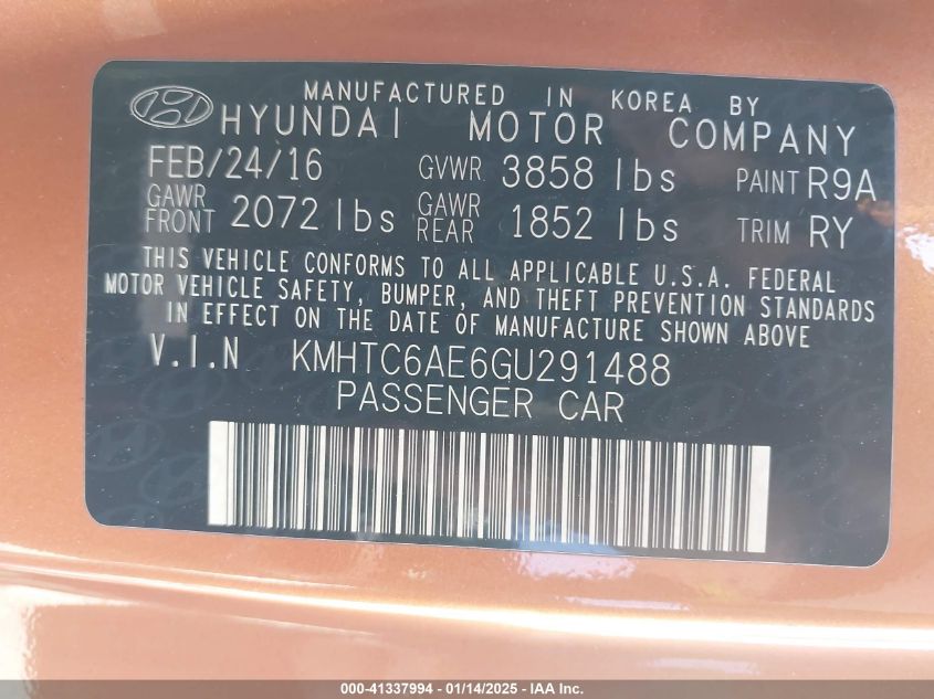 VIN KMHTC6AE6GU291488 2016 HYUNDAI VELOSTER no.9