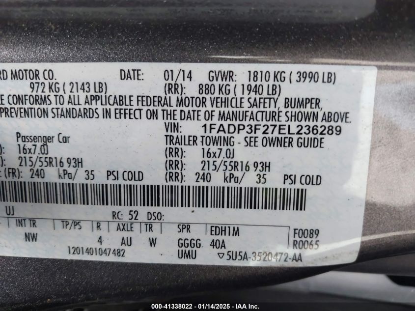 VIN 1FADP3F27EL236289 2014 Ford Focus, SE no.9