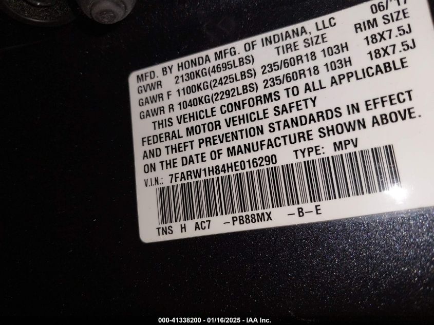 2017 Honda Cr-V Ex-L/Ex-L Navi VIN: 7FARW1H84HE016290 Lot: 41338200