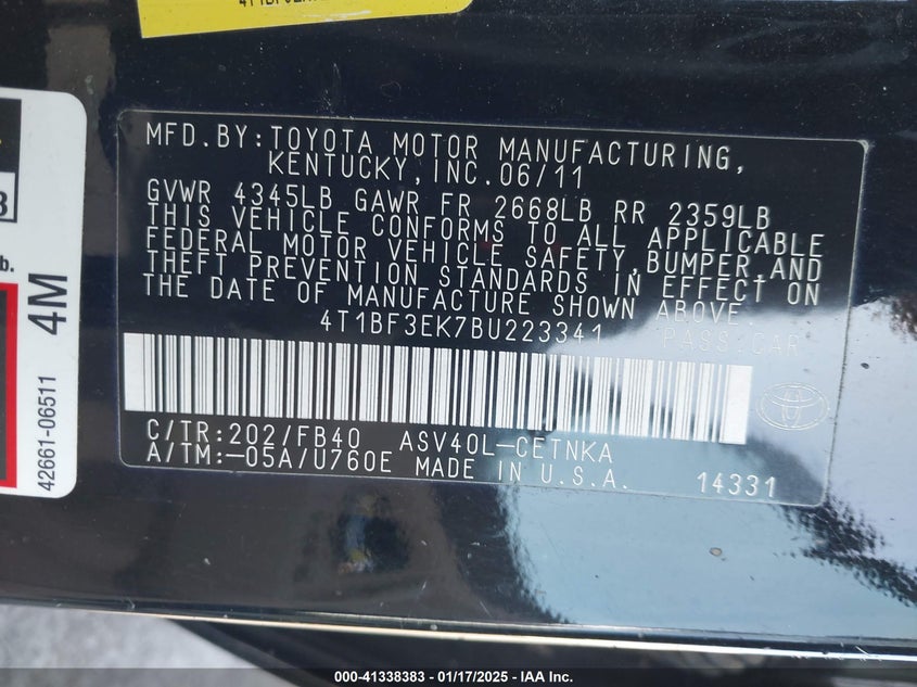 2011 TOYOTA CAMRY VIN: 4T1BF3EK7BU223341