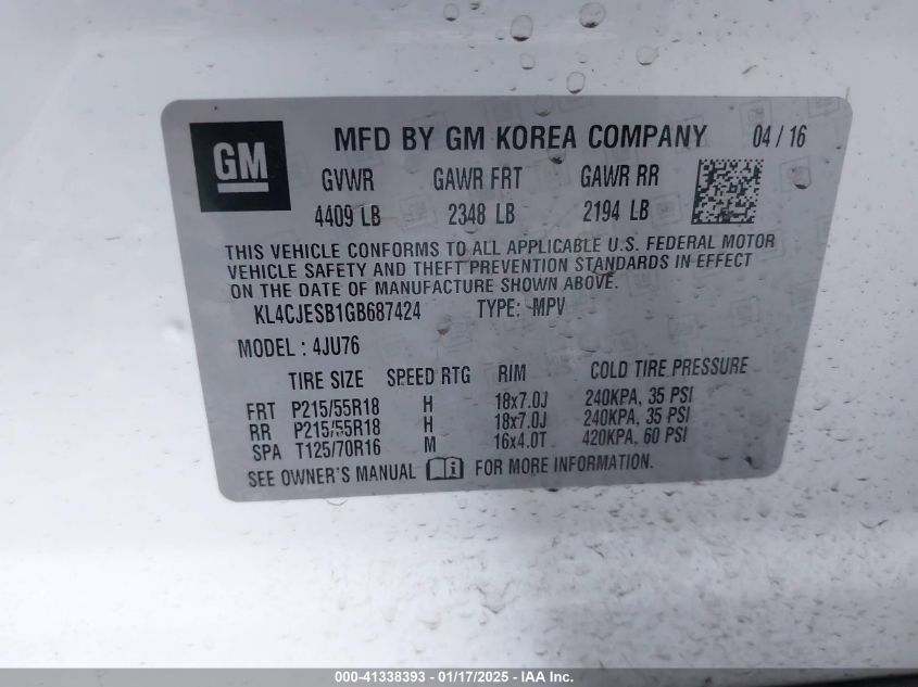 VIN KL4CJESB1GB687424 2016 Buick Encore no.9