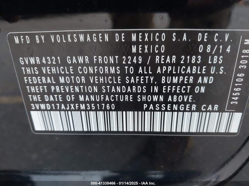 2015 VOLKSWAGEN JETTA VIN: 3VWD17AJXFM351760