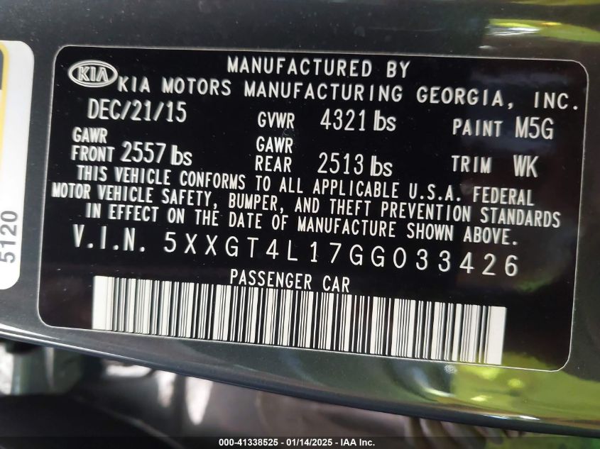 2016 KIA OPTIMA VIN: 5XXGT4L17GG033426