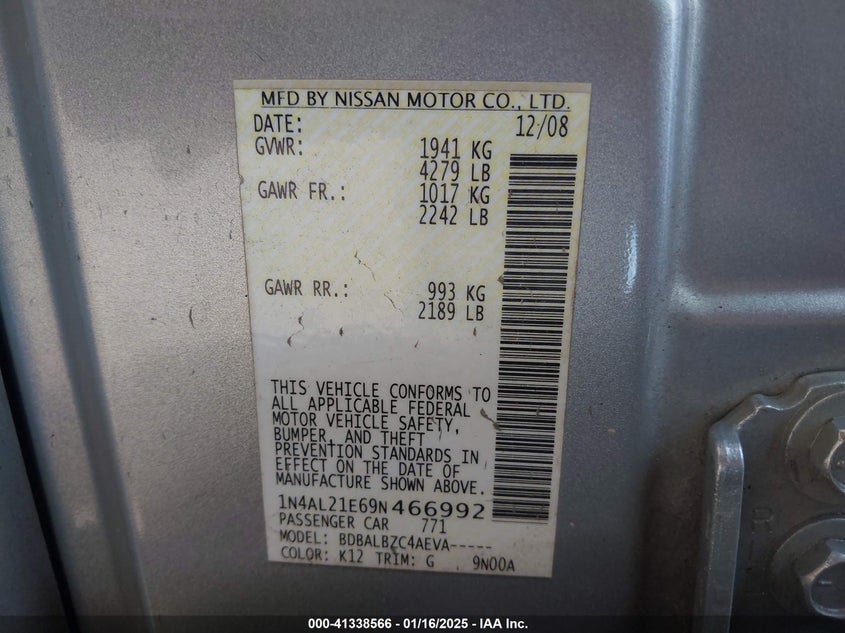 2009 NISSAN ALTIMA VIN: 1N4AL21E69N466992