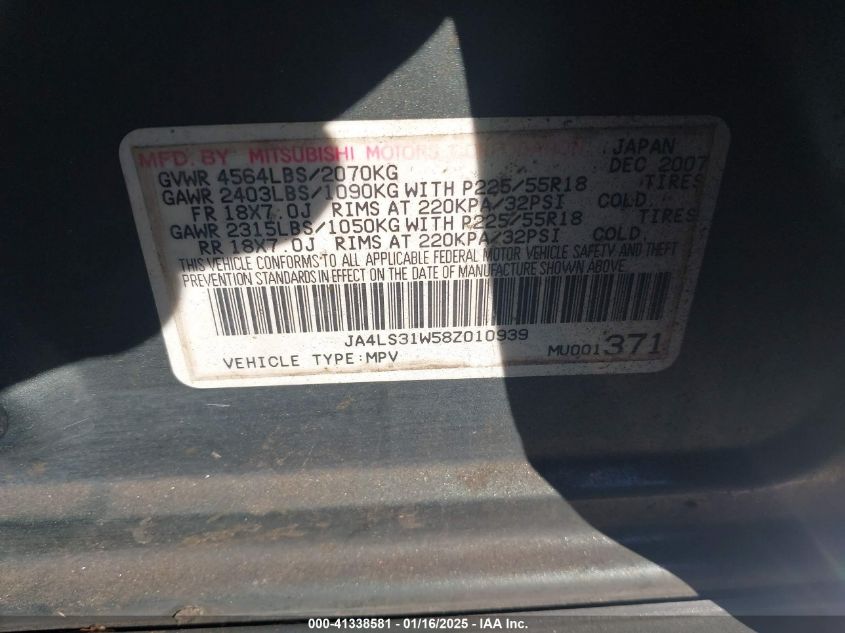 2008 Mitsubishi Outlander Se VIN: JA4LS31W58Z010939 Lot: 41338581