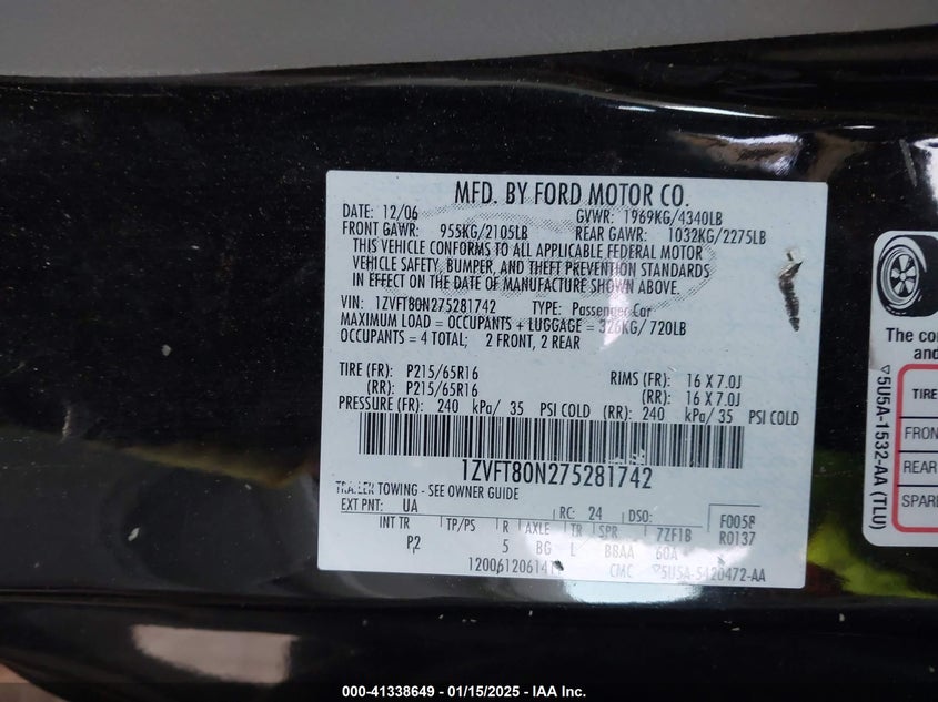 2007 FORD MUSTANG VIN: 1ZVFT80N275281742