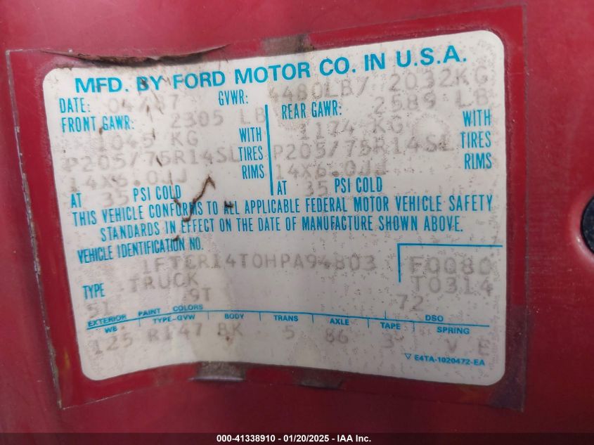 1987 Ford Ranger Super Cab VIN: 1FTCR14TOHPA94803 Lot: 41338910