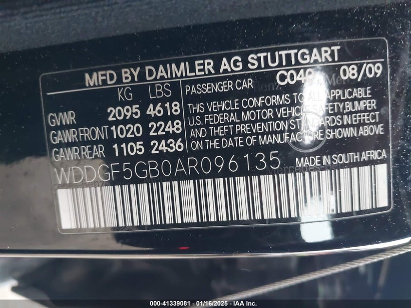 2010 MERCEDES-BENZ C VIN: WDDGF5GB0AR096135