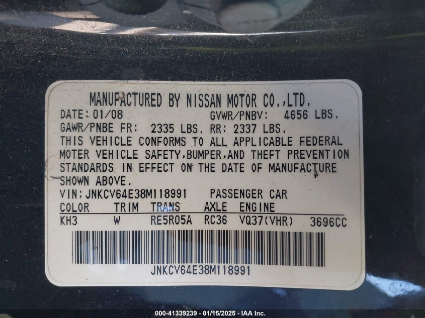2008 INFINITI G37 VIN: JNKCV64E38M118991