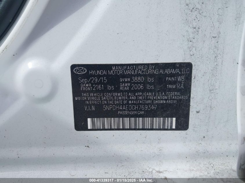 VIN 5NPDH4AE0GH769347 2016 Hyundai Elantra, SE no.9