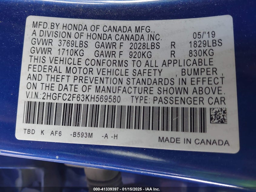 2019 HONDA CIVIC VIN: 2HGFC2F63KH569580