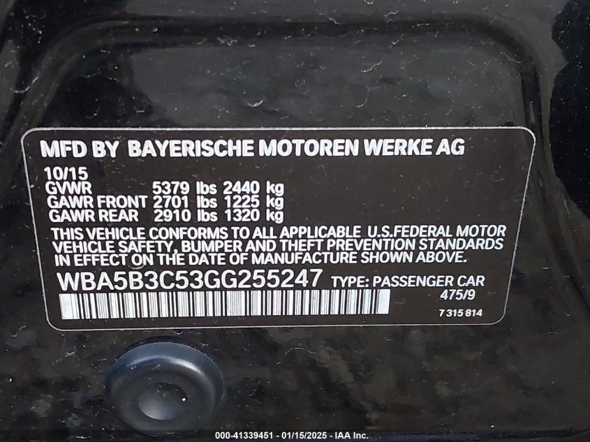 2016 BMW 535I xDrive VIN: WBA5B3C53GG255247 Lot: 41339451