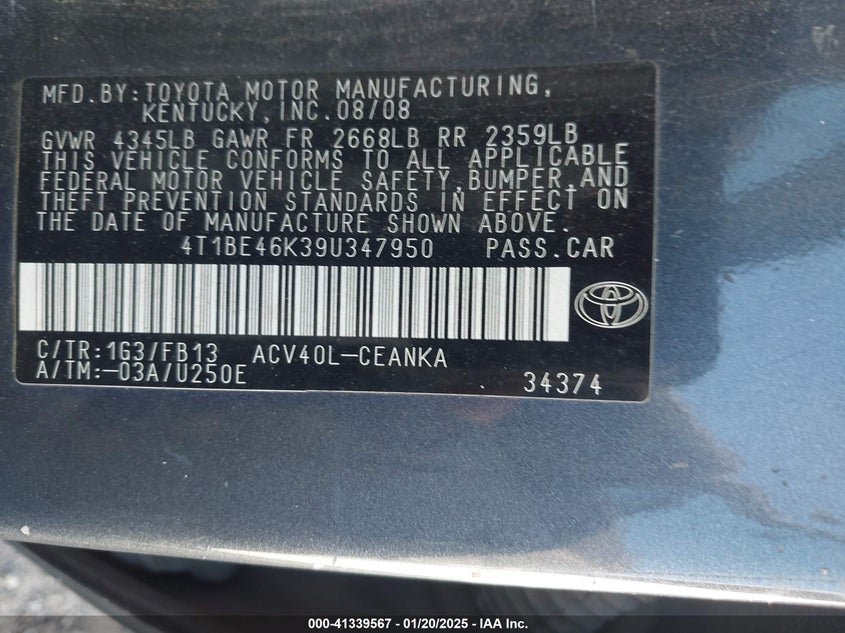 2009 TOYOTA CAMRY VIN: 4T1BE46K39U347950