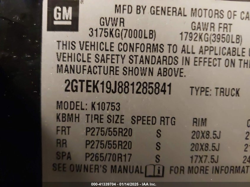 2008 GMC SIERRA 1500 VIN: 2GTEK19J881285841