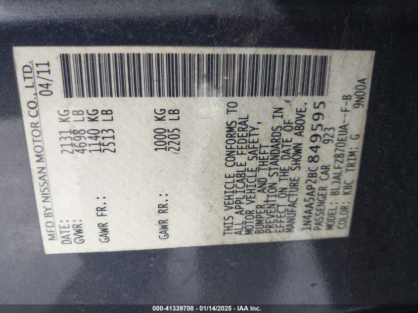 2011 Nissan Maxima 3.5 Sv VIN: 1N4AA5AP2BC849595 Lot: 41339708