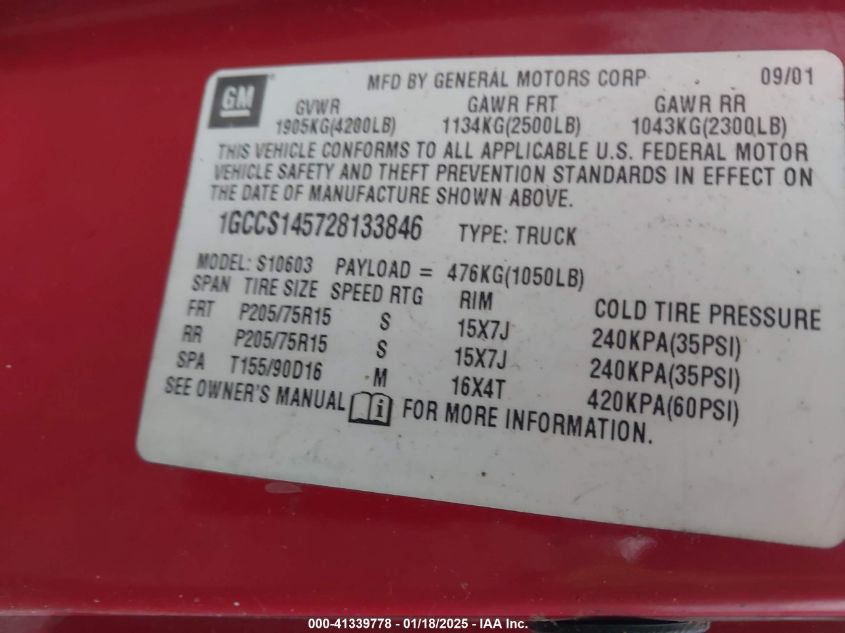 2002 Chevrolet S-10 Ls VIN: 1GCCS145728133846 Lot: 41339778