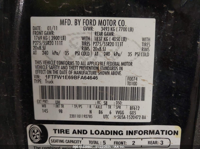 2011 FORD F150 VIN: 1FTFW1E69BFA64646