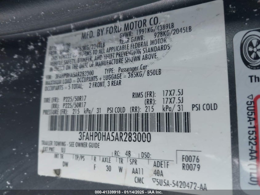 2010 FORD FUSION VIN: 3FAHP0HA5AR283000