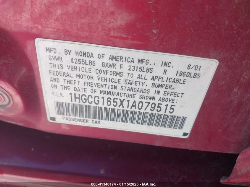 2001 Honda Accord 3.0 Ex VIN: 1HGCG165X1A079515 Lot: 41340174