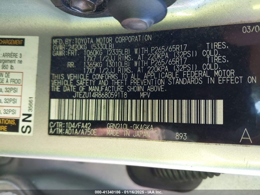 2006 Toyota 4Runner Sr5 V6 VIN: JTEZU14R868059118 Lot: 41340186