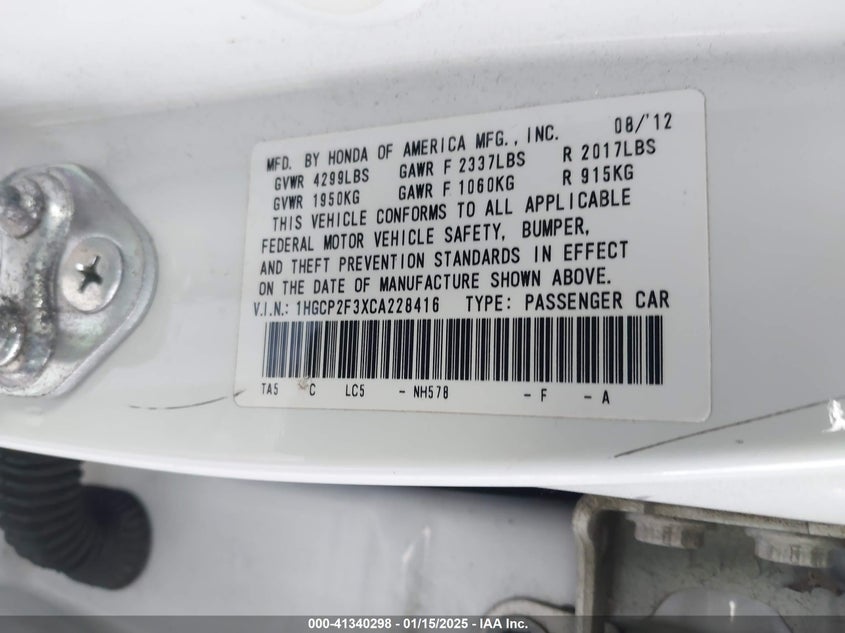 2012 HONDA ACCORD VIN: 1HGCP2F3XCA228416