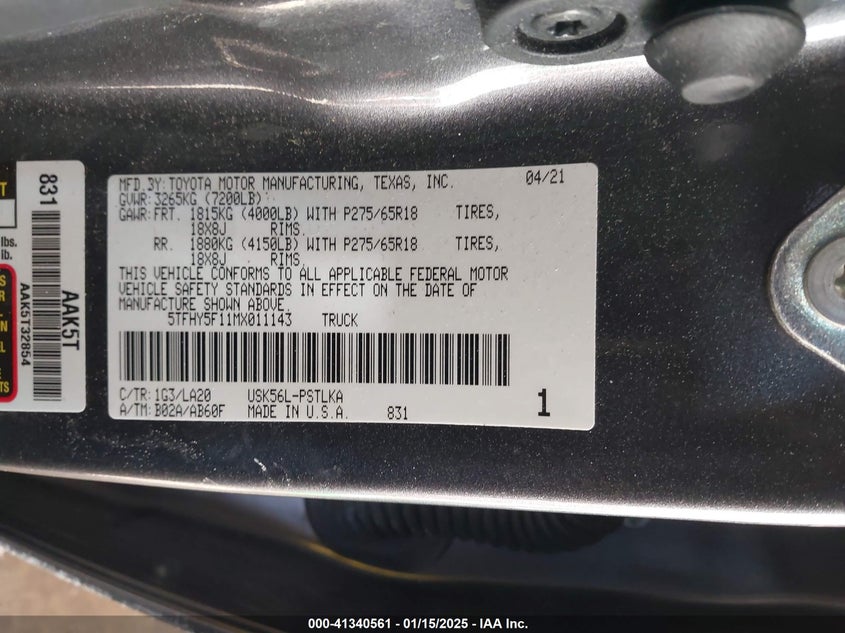 2021 TOYOTA TUNDRA VIN: 5TFHY5F11MX011143