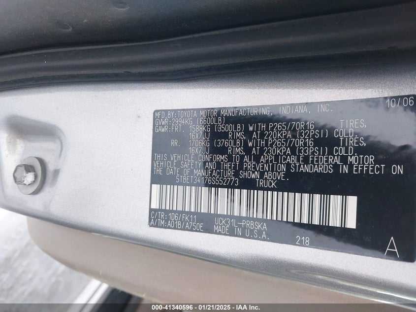 2006 TOYOTA TUNDRA VIN: 5TBET34176S552773