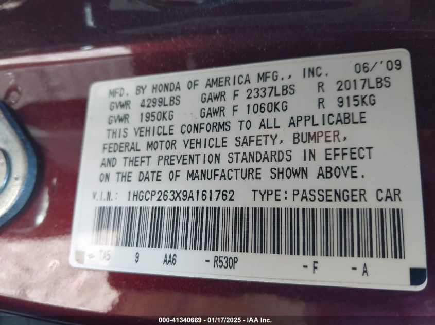 2009 Honda Accord 2.4 Lx VIN: 1HGCP263X9A161762 Lot: 41340669