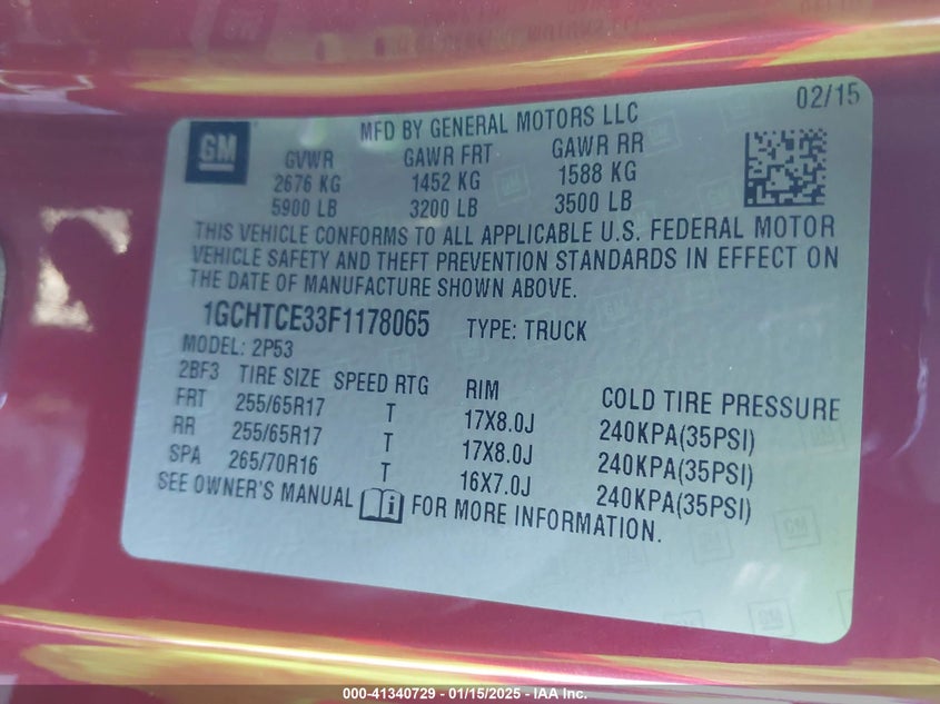 2015 CHEVROLET COLORADO VIN: 1GCHTCE33F1178065
