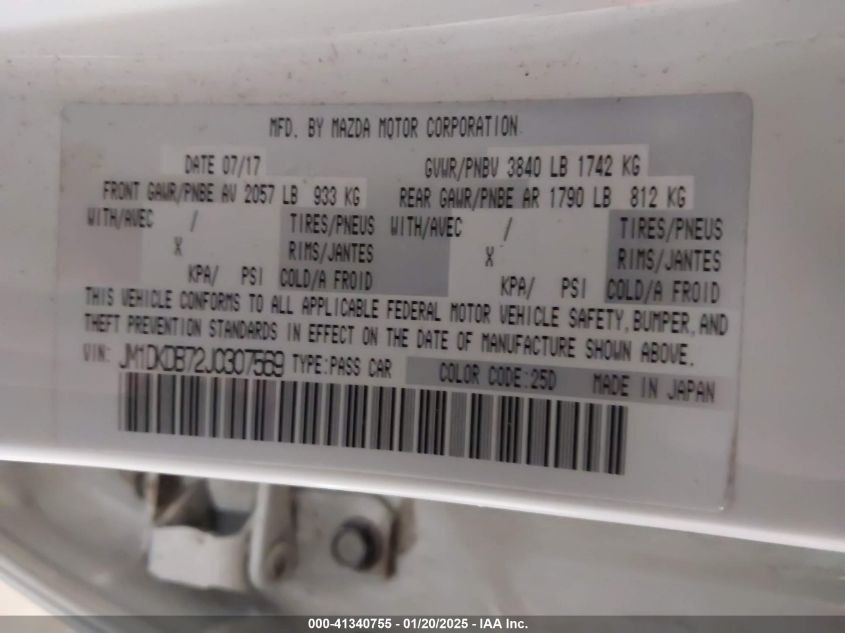 2018 Mazda Cx-3 Sport VIN: JM1DKDB72J0307569 Lot: 41340755