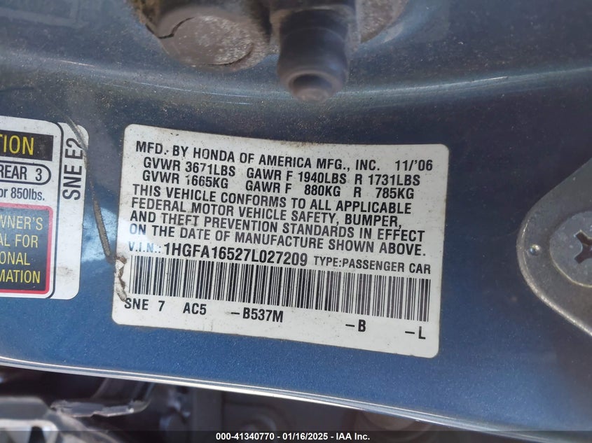 2007 HONDA CIVIC VIN: 1HGFA16527L027209