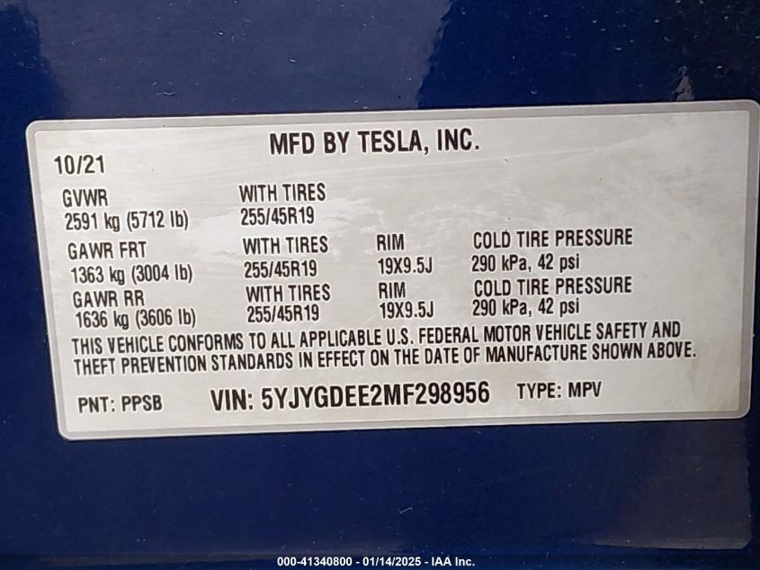 VIN 5YJYGDEE2MF298956 2021 TESLA MODEL Y no.9