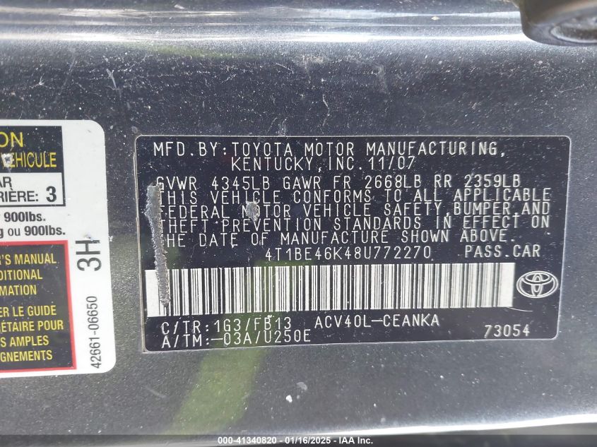 2008 Toyota Camry Le VIN: 4T1BE46K48U772270 Lot: 41340820