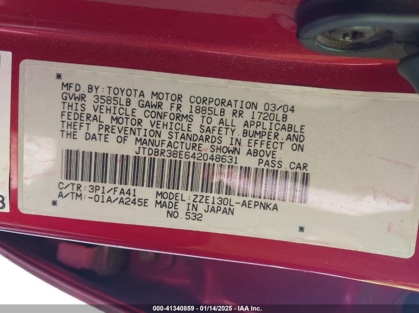 2004 Toyota Corolla Le VIN: JTDBR38E642048631 Lot: 41340859