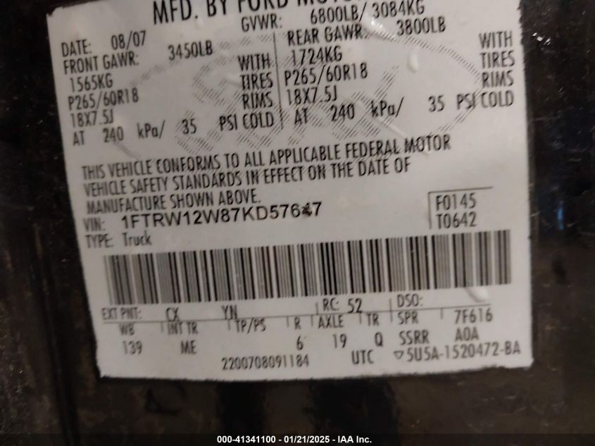2007 Ford F-150 Xlt VIN: 1FTRW12W87KD57647 Lot: 41341100