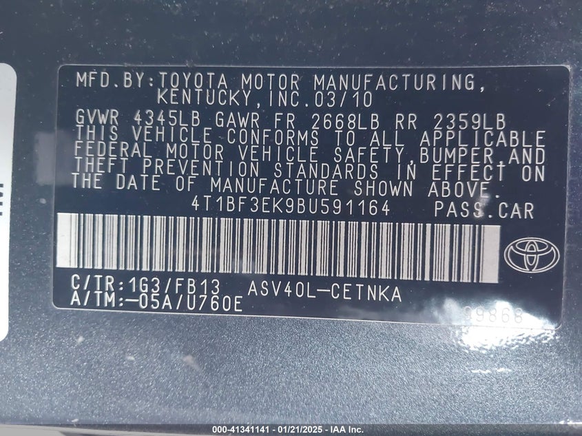 2011 TOYOTA CAMRY VIN: 4T1BF3EK9BU591164