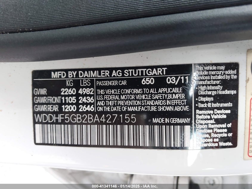 2011 MERCEDES-BENZ E 350 VIN: WDDHF5GB2BA427155