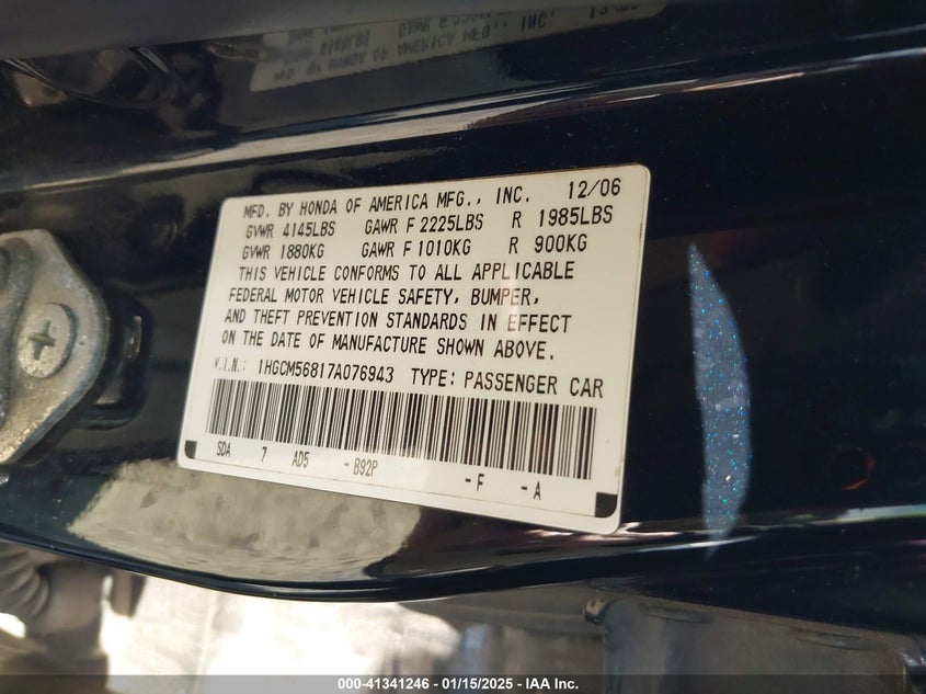 2007 HONDA ACCORD VIN: 1HGCM56817A076943